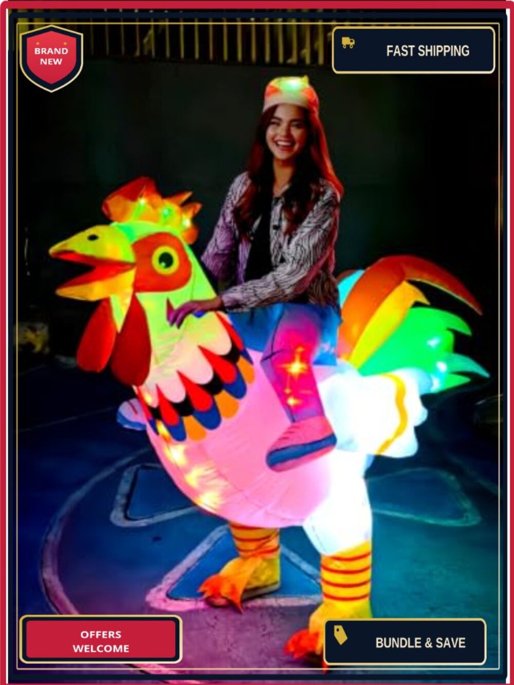 Adult Inflatable Ride-On Rooster Costume Smart LED Lights Adjustable Waist - Picture 2 of 6